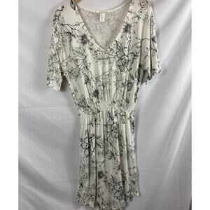 H&M Floral Cinch Waist V Neck Dress White Black Size small